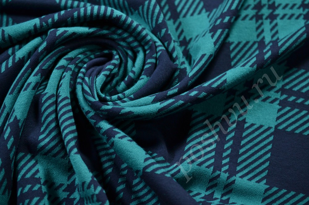 Трикотажная ткань бирюзового оттенка в темно-синие полосы
