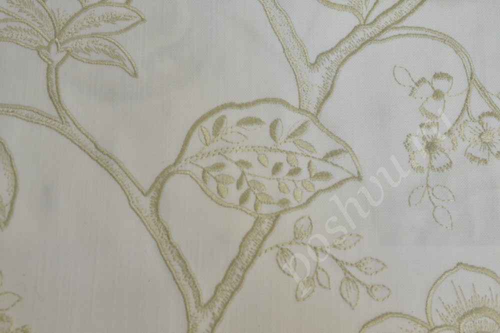 Ткань для штор вышивка белого оттенка с серебристо-золотистым рисунком