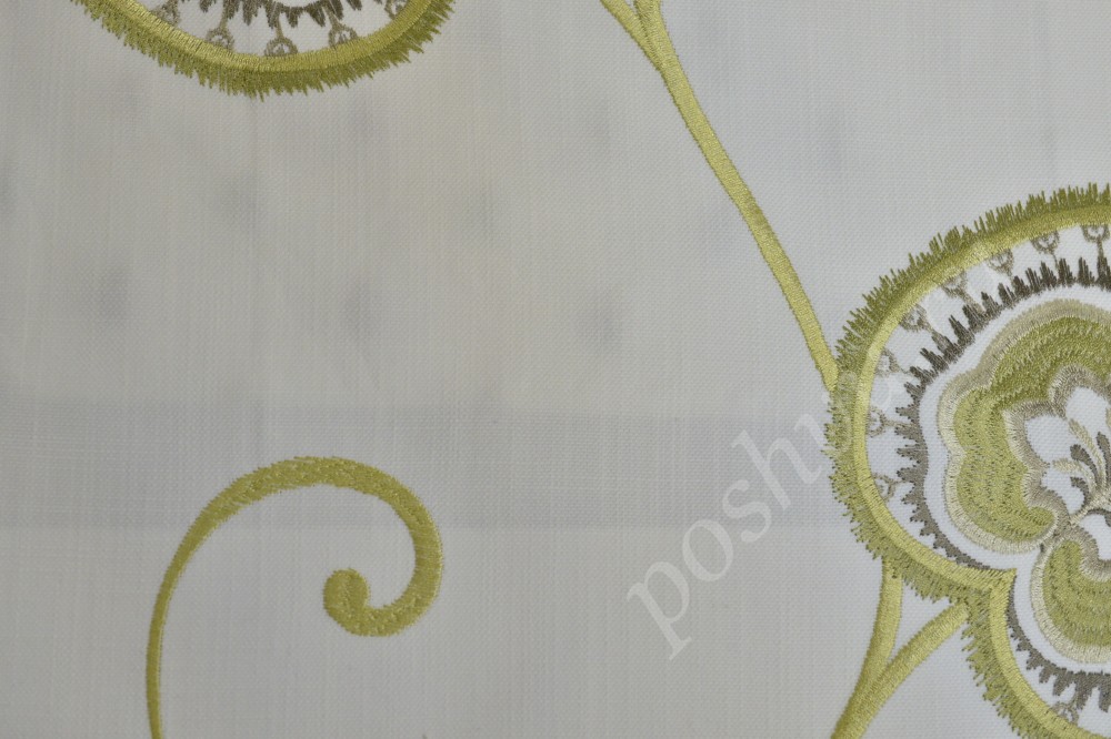 Ткань для штор вышивка белого оттенка с золотисто-серым узором