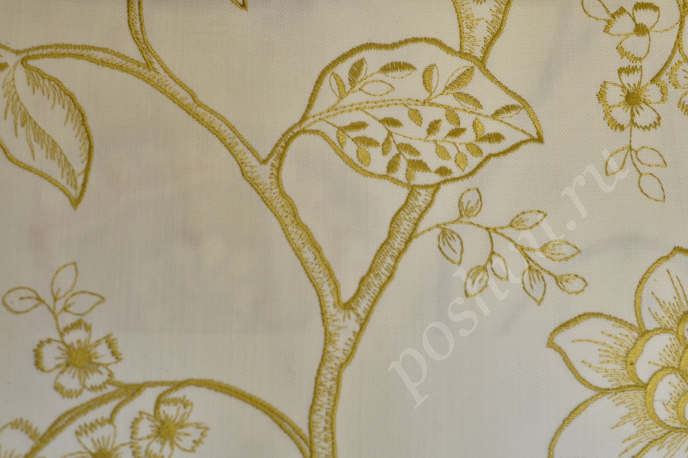Ткань для штор вышивка белого оттенка с золотым рисунком