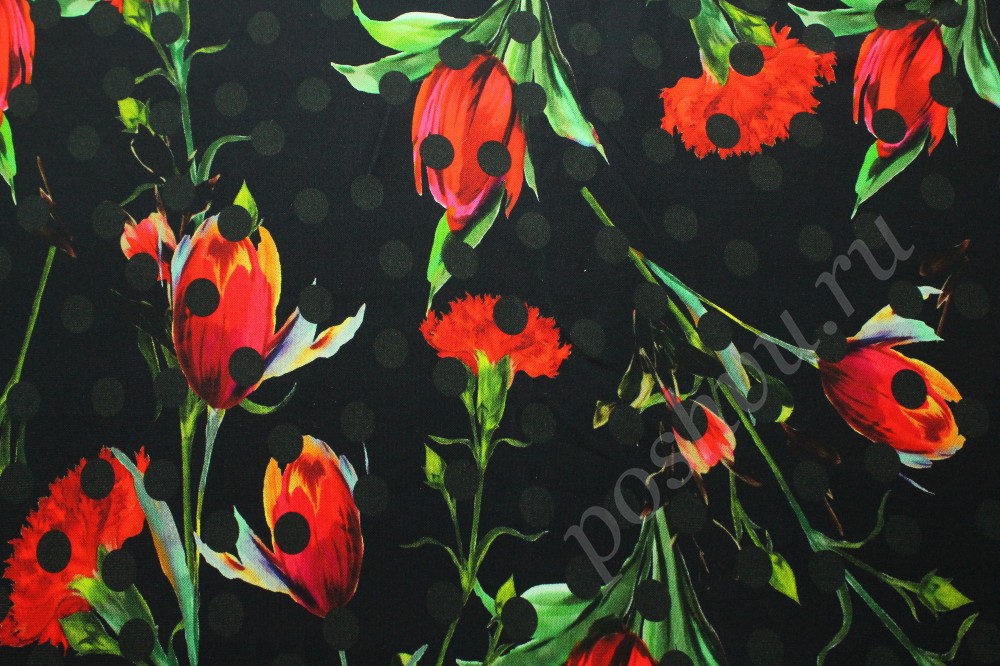 Ткань трикотаж-креп черного оттенка в красные цветы