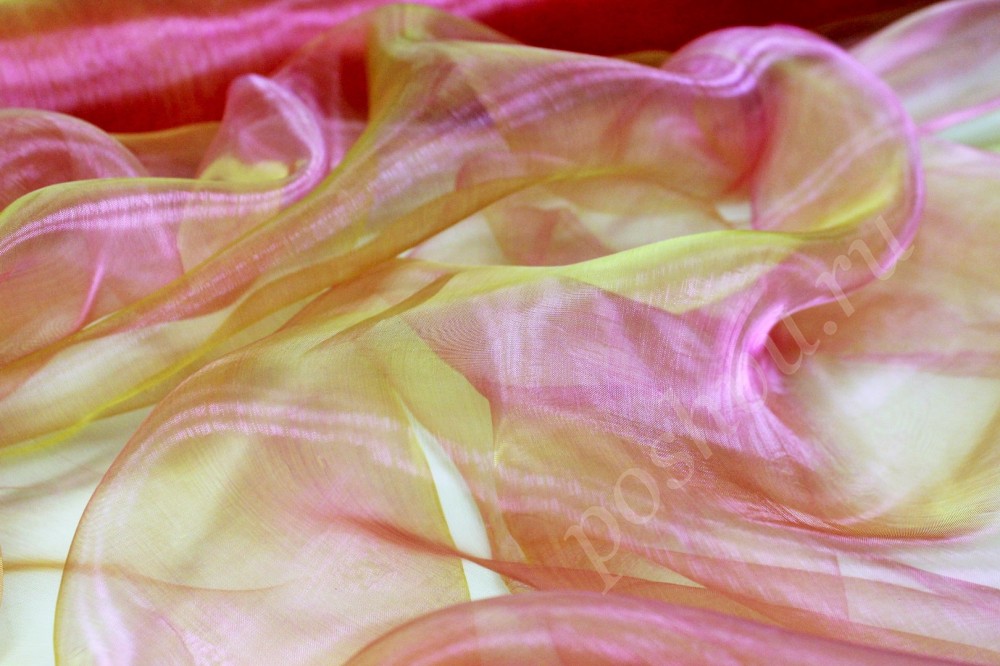 Ткань органза хамелеон розово-желтого цвета