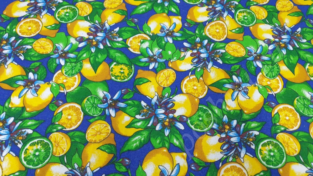 Фланель набивная халатная, Лимоны на синем фоне