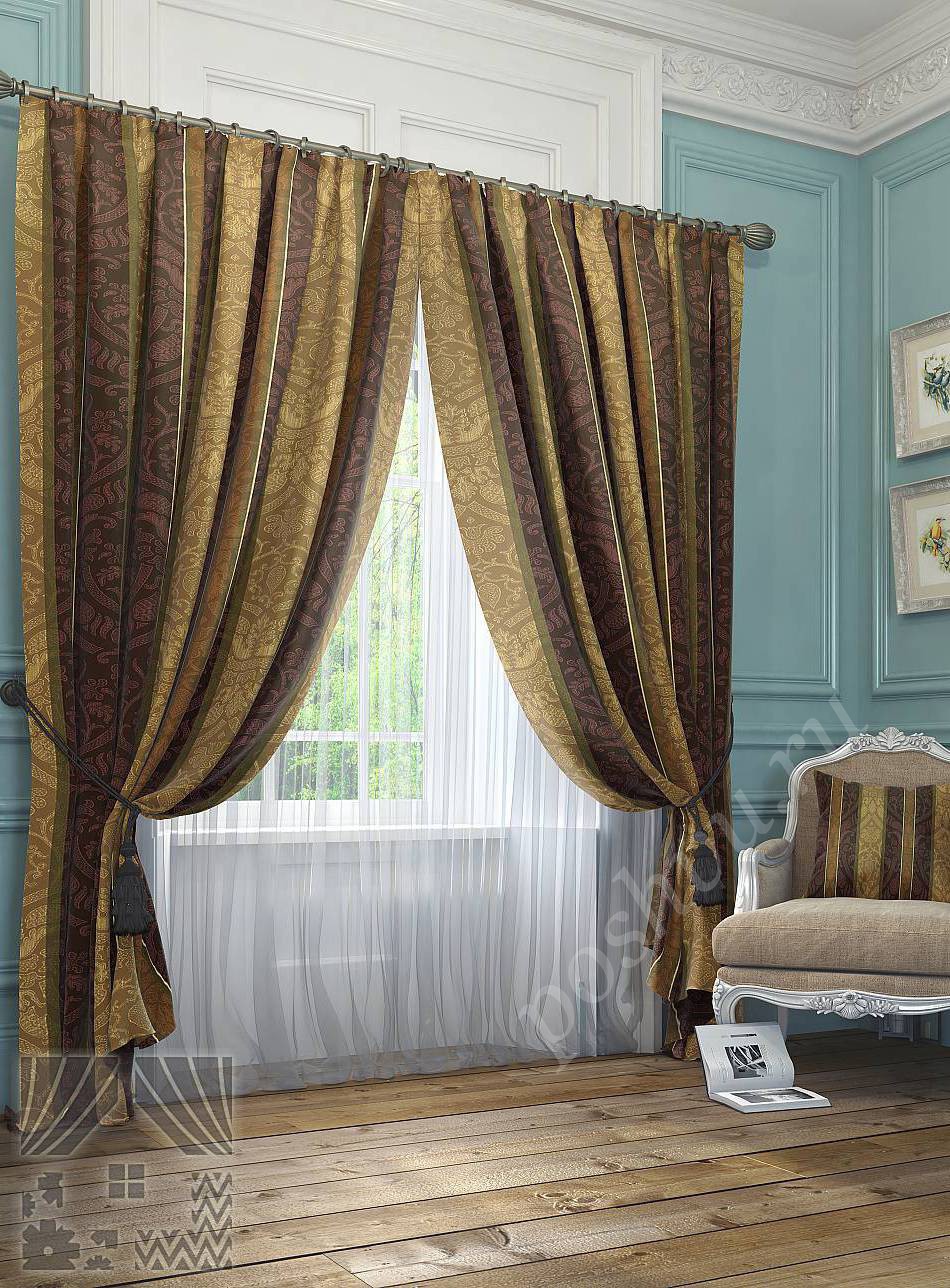 Роскошный комплект готовых штор с классическим рисунком и тюлем для спальни или гостиной