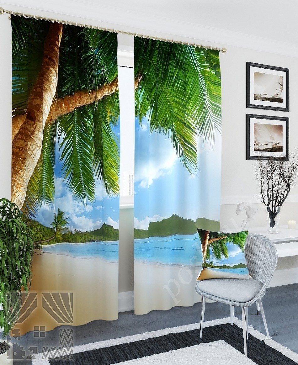 Комплект готовых фото штор с изображением тропического пляжа для гостиной