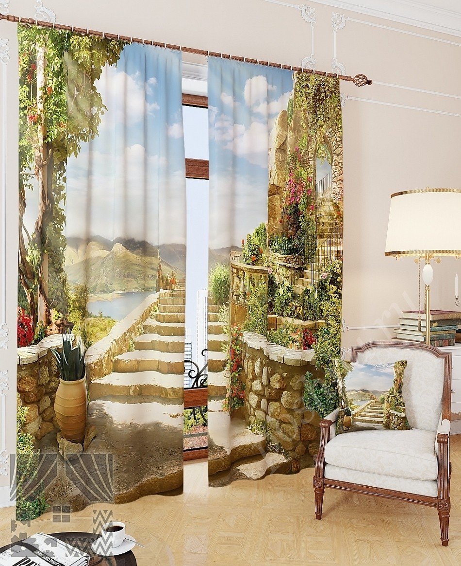 Комплект готовых фото штор с изображением античного римского сада для гостиной или спальни
