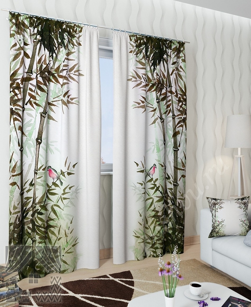 Комплект готовых фото штор с изображением бамбуковых деревьев и птички для гостиной или спальни