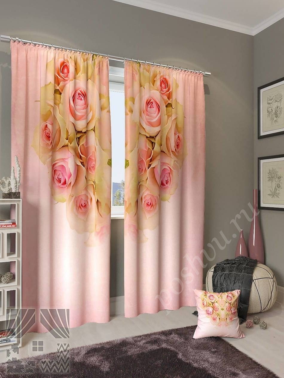 Комплект готовых фото штор с изображением букета роз в форме сердца для гостиной или спальни