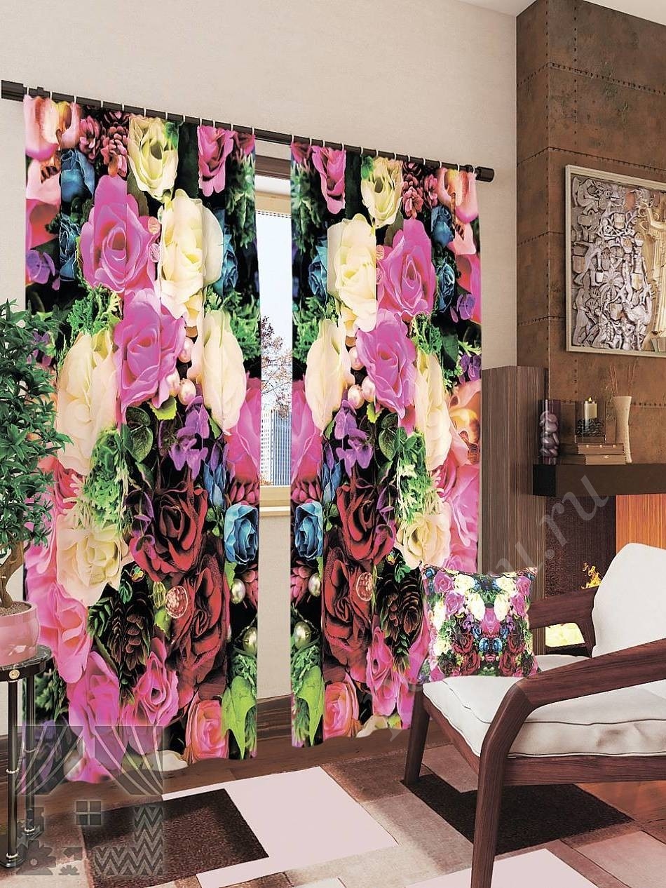 Комплект готовых фото штор с изображением бутонов роз разных цветов и сортов для гостиной или спальни