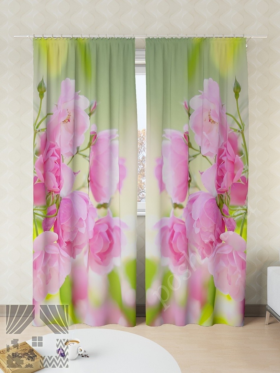 Комплект готовых фото штор с изображением чайных роз для гостиной или спальни
