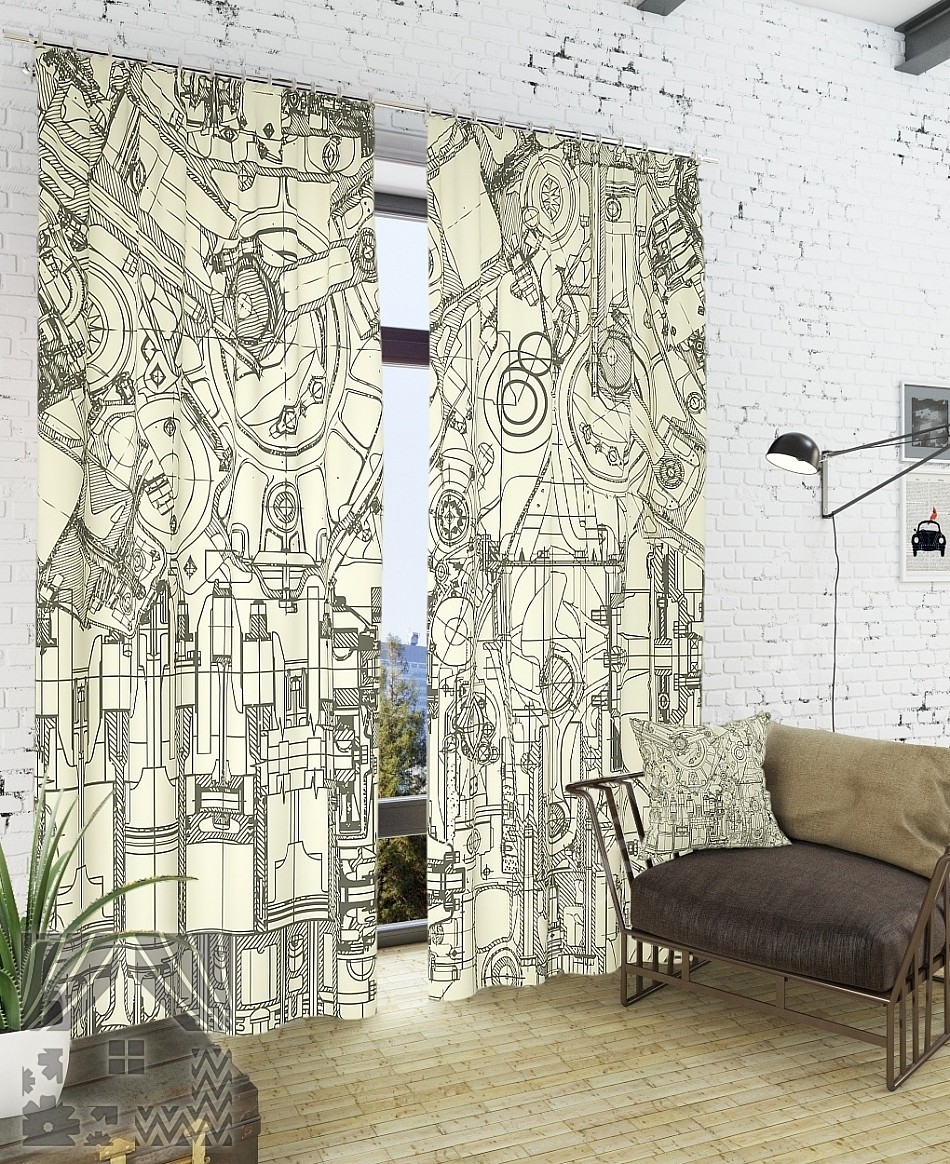 Комплект готовых фото штор с изображением чертежей для офиса или гостиной