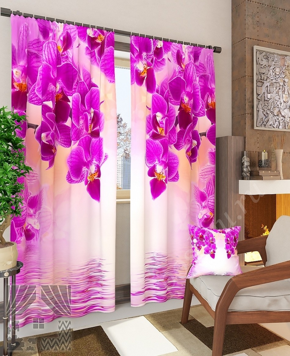 Комплект готовых фото штор с изображением цветов орхидеи для гостиной или спальни
