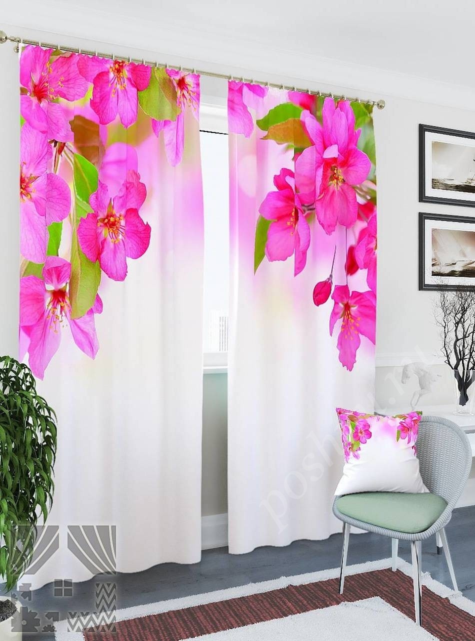 Комплект готовых фото штор с изображением цветов шиповника  на белой основе для гостиной или спальни