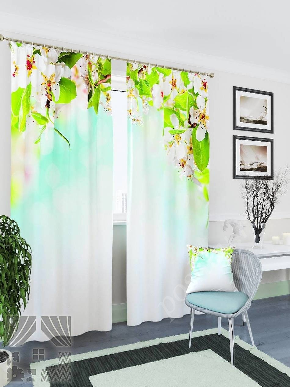 Комплект готовых фото штор с изображением цветущей вишни для гостиной или спальни