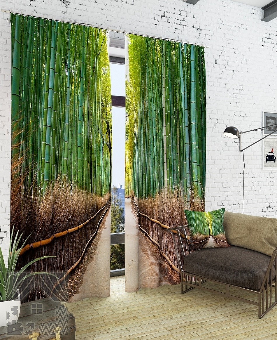 Комплект готовых фото штор с изображением дороги в бамбуковом лесу для гостиной или спальни