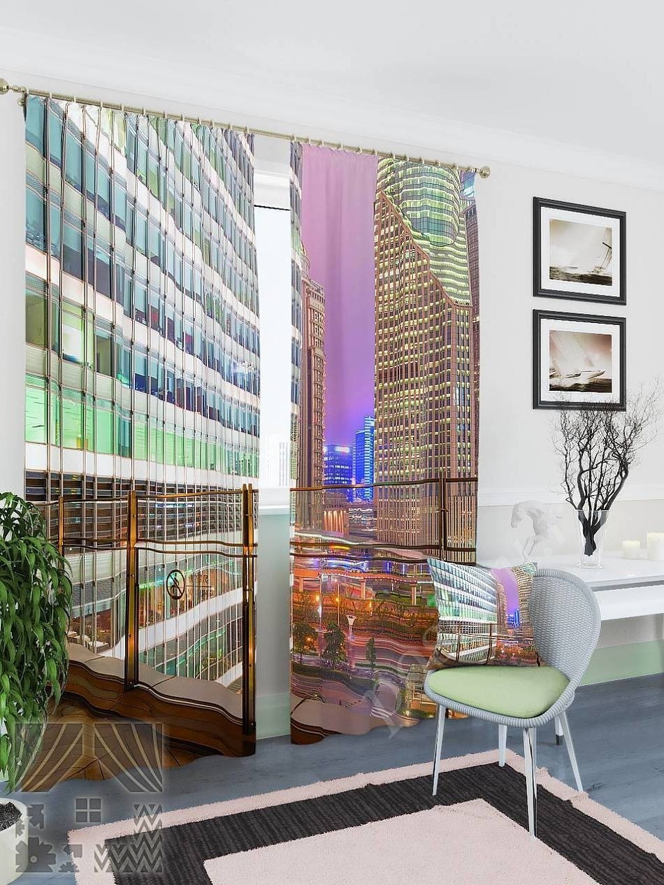 Комплект готовых фото штор с изображением финансового центра Шанхая для гостиной или офиса