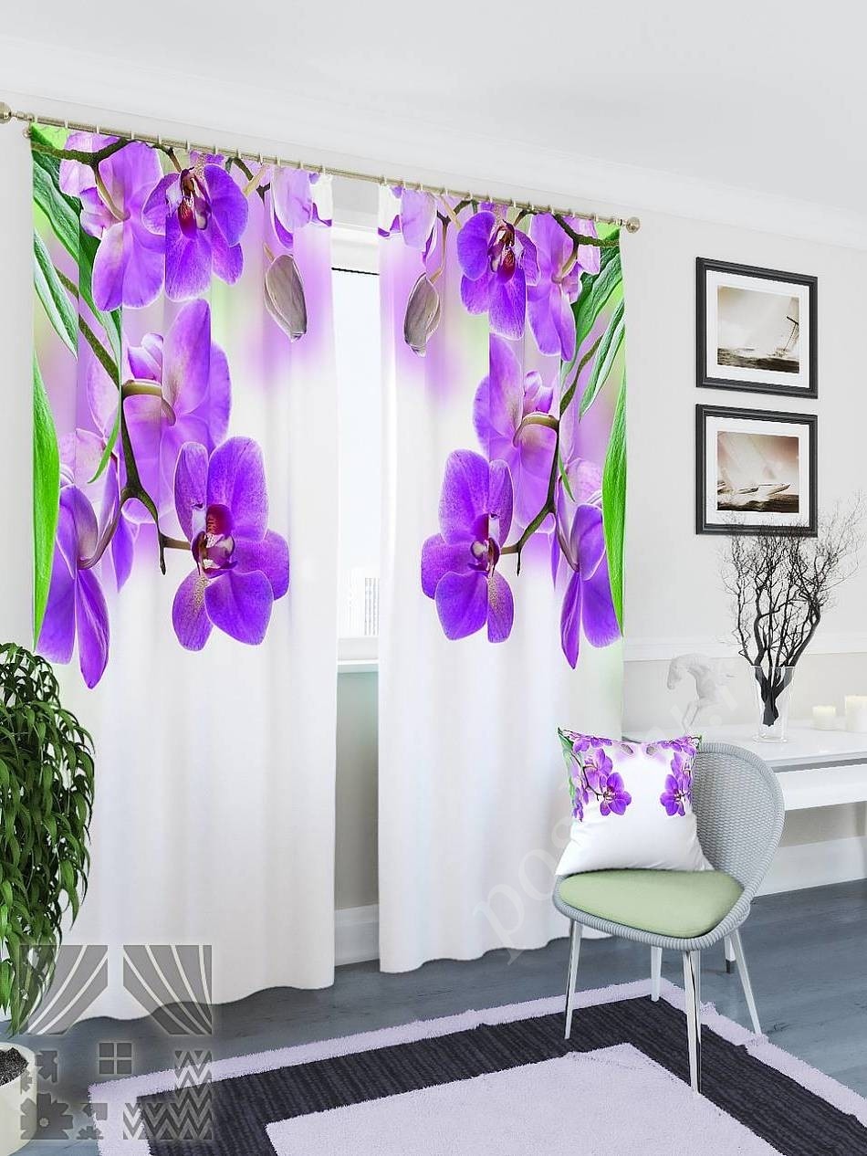 Комплект готовых фото штор с изображением фиолетовых цветов орхидеи для гостиной или спальни