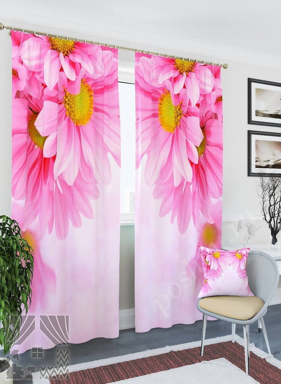 Комплект готовых фото штор с изображением крупных розовых цветов для гостиной или спальни