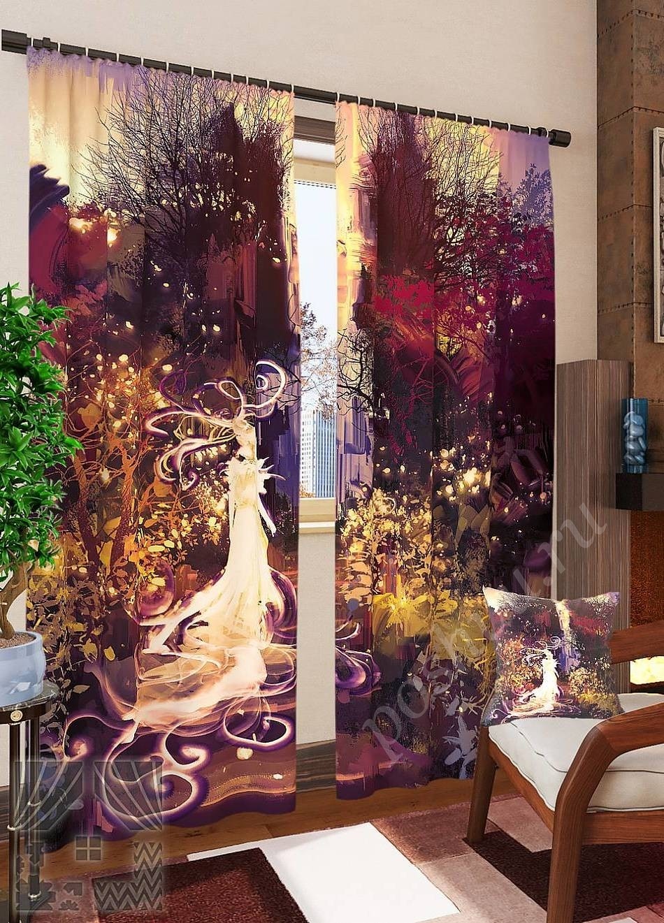 Комплект готовых фото штор с изображением леса и богини в стиле фэнтези для гостиной или спальни