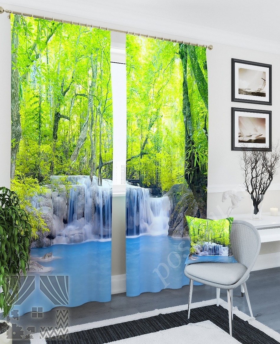 Комплект готовых фото штор с изображением лесного водопада для гостиной