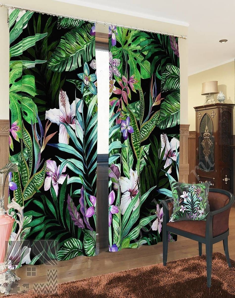 Комплект готовых фото штор с изображением лилий для спальни или гостиной