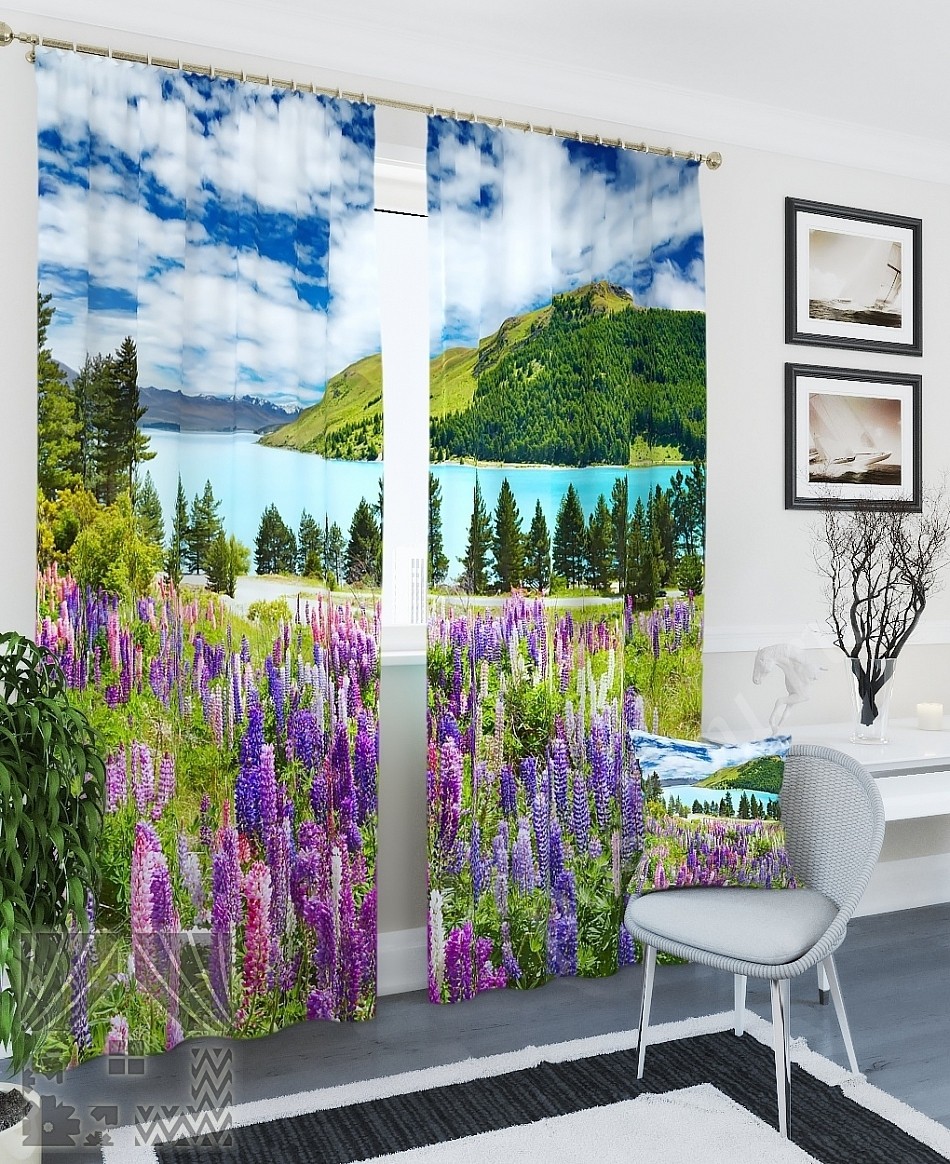Комплект готовых фото штор с изображением люпинового поля для гостиной или спальни