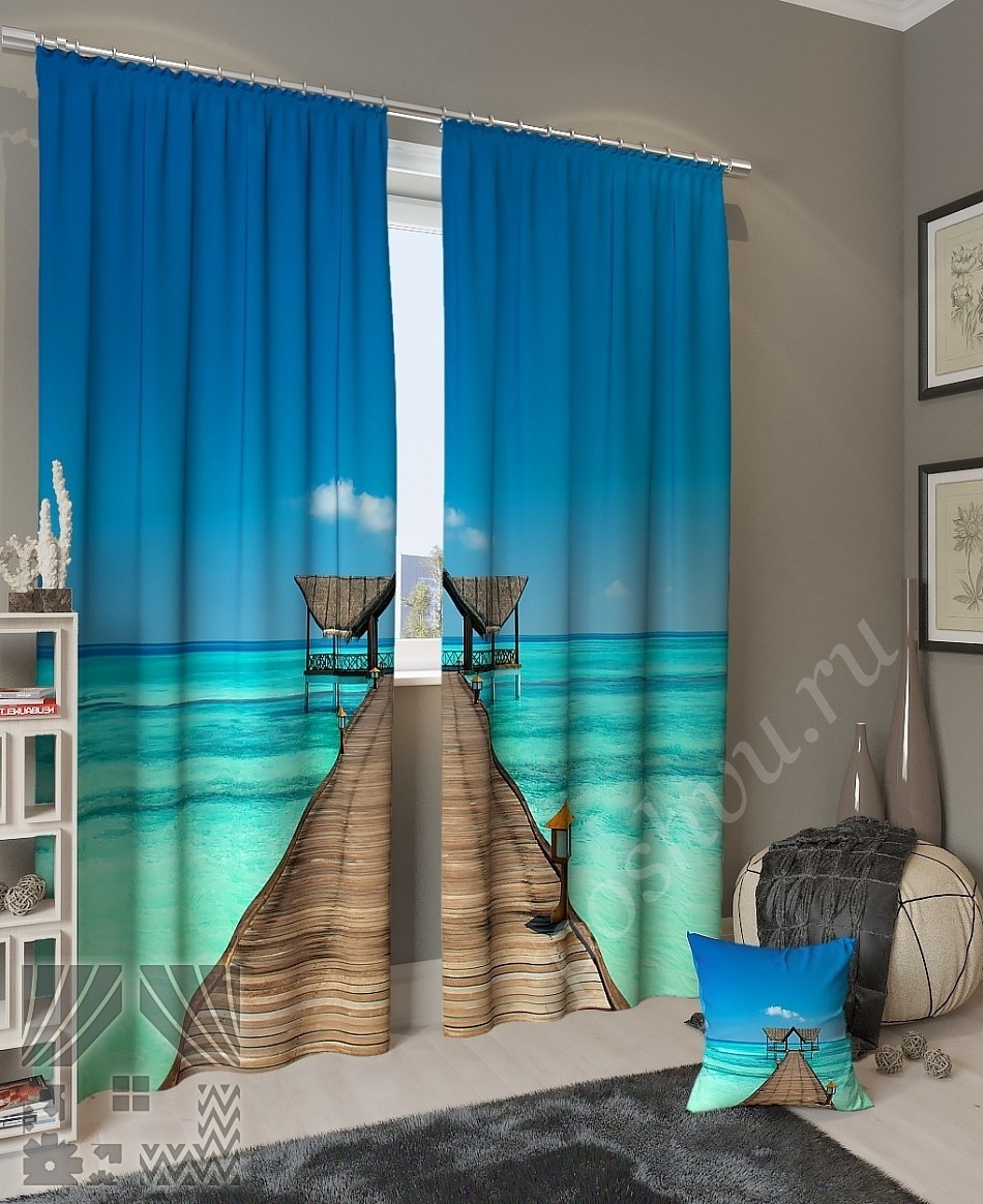 Комплект готовых фото штор с изображением морского причала в тропиках для гостиной или спальни