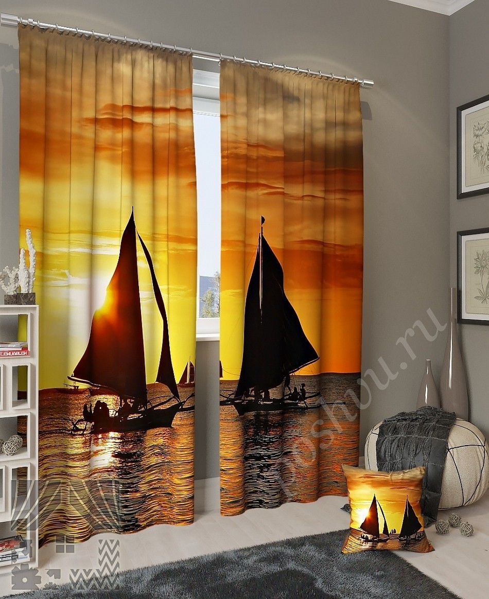 Комплект готовых фото штор с изображением парусных лодок для гостиной