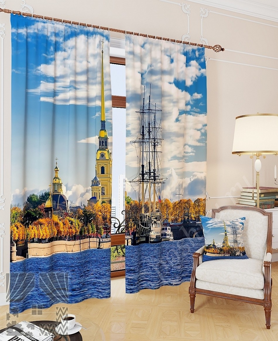 Комплект готовых фото штор с изображением Петропавловской крепости для гостиной или кабинета
