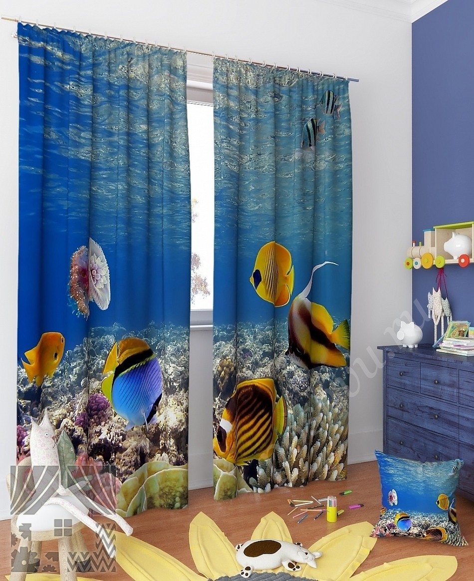 Комплект готовых фото штор с изображением подводного мира для гостиной или спальни