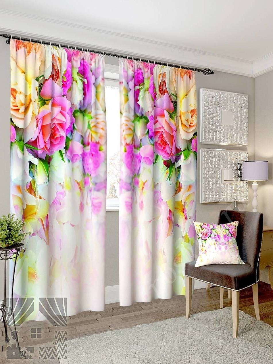 Комплект готовых фото штор с изображением разноцветных бутонов роз для гостиной или спальни