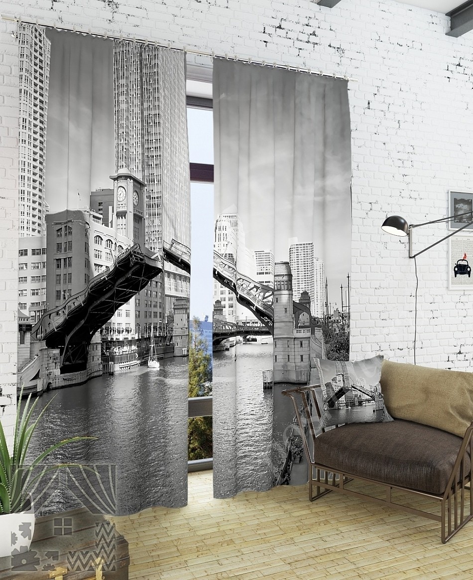 Комплект готовых фото штор с изображением разводного моста в Чикаго для гостиной или офиса