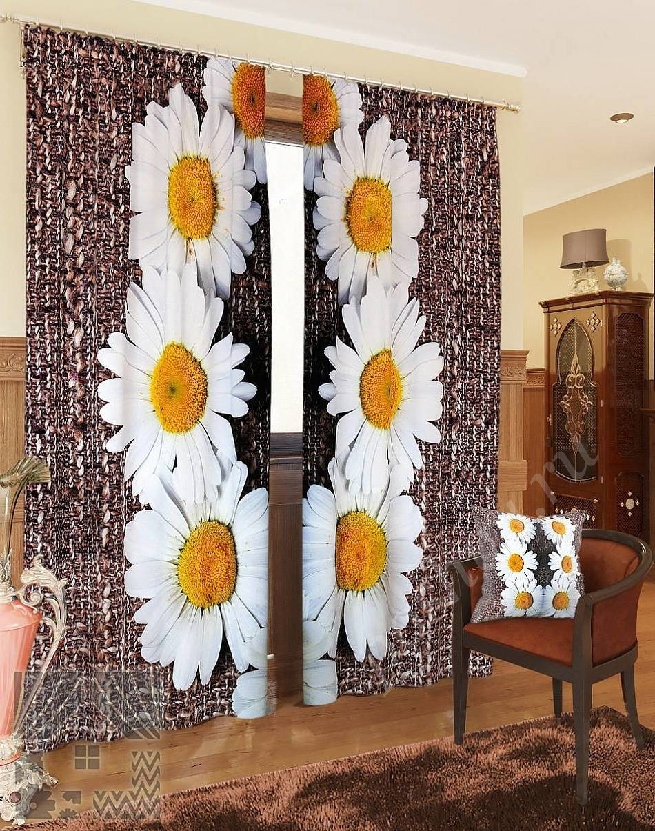 Комплект готовых фото штор с изображением ромашек для гостиной или спальни