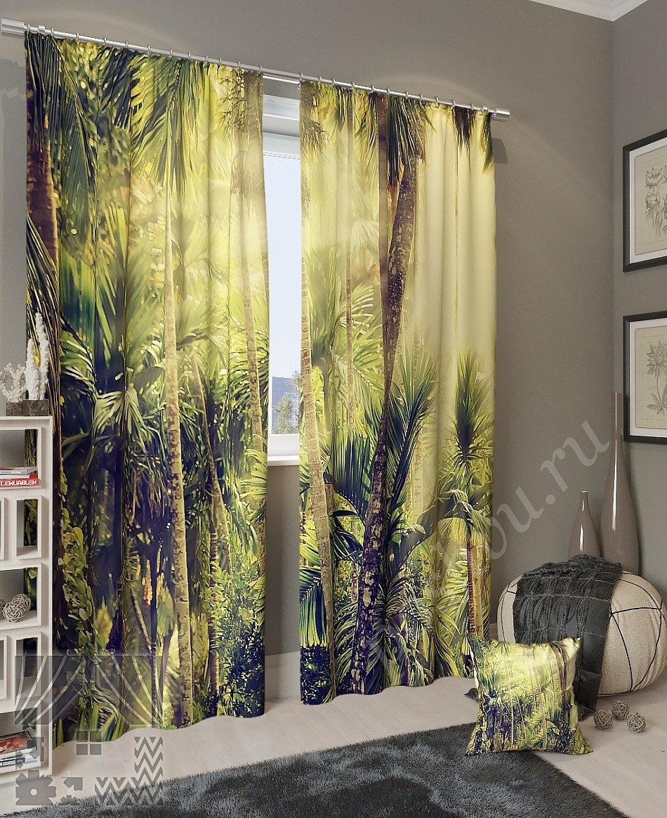 Комплект готовых фото штор с изображением солнечного тропического леса для гостиной
