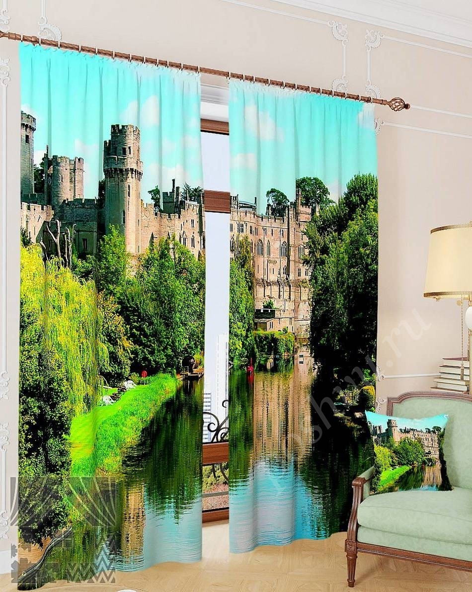 Комплект готовых фото штор с изображением старинного замка для гостиной
