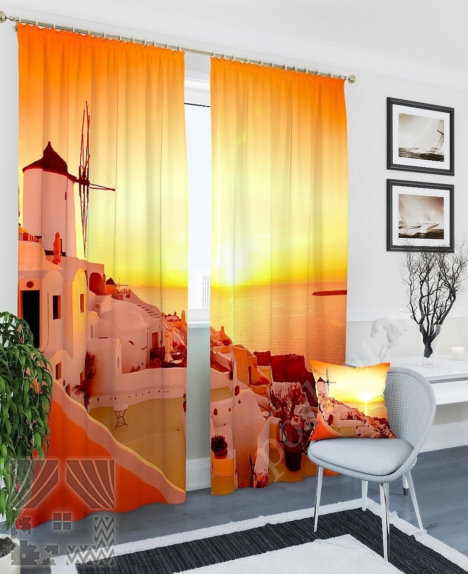 Комплект готовых фото штор с изображением заката на греческом побережье для гостиной