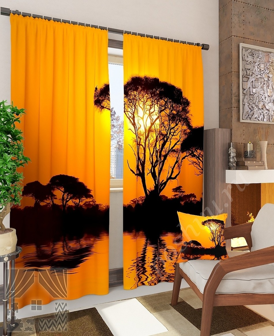 Комплект готовых фото штор с изображением заката в саванне для гостиной или спальни