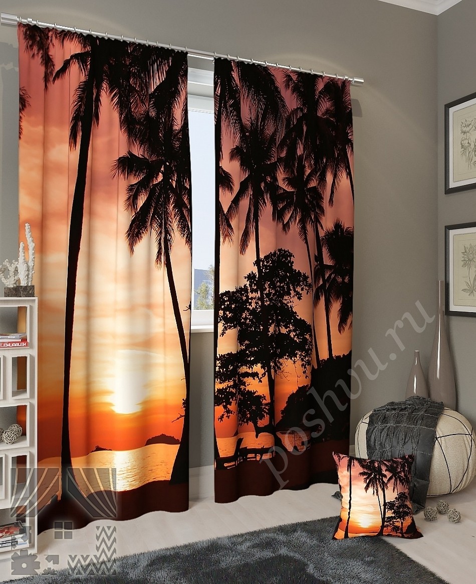 Комплект готовых фото штор с изображением заката в тропиках для спальни или гостиной