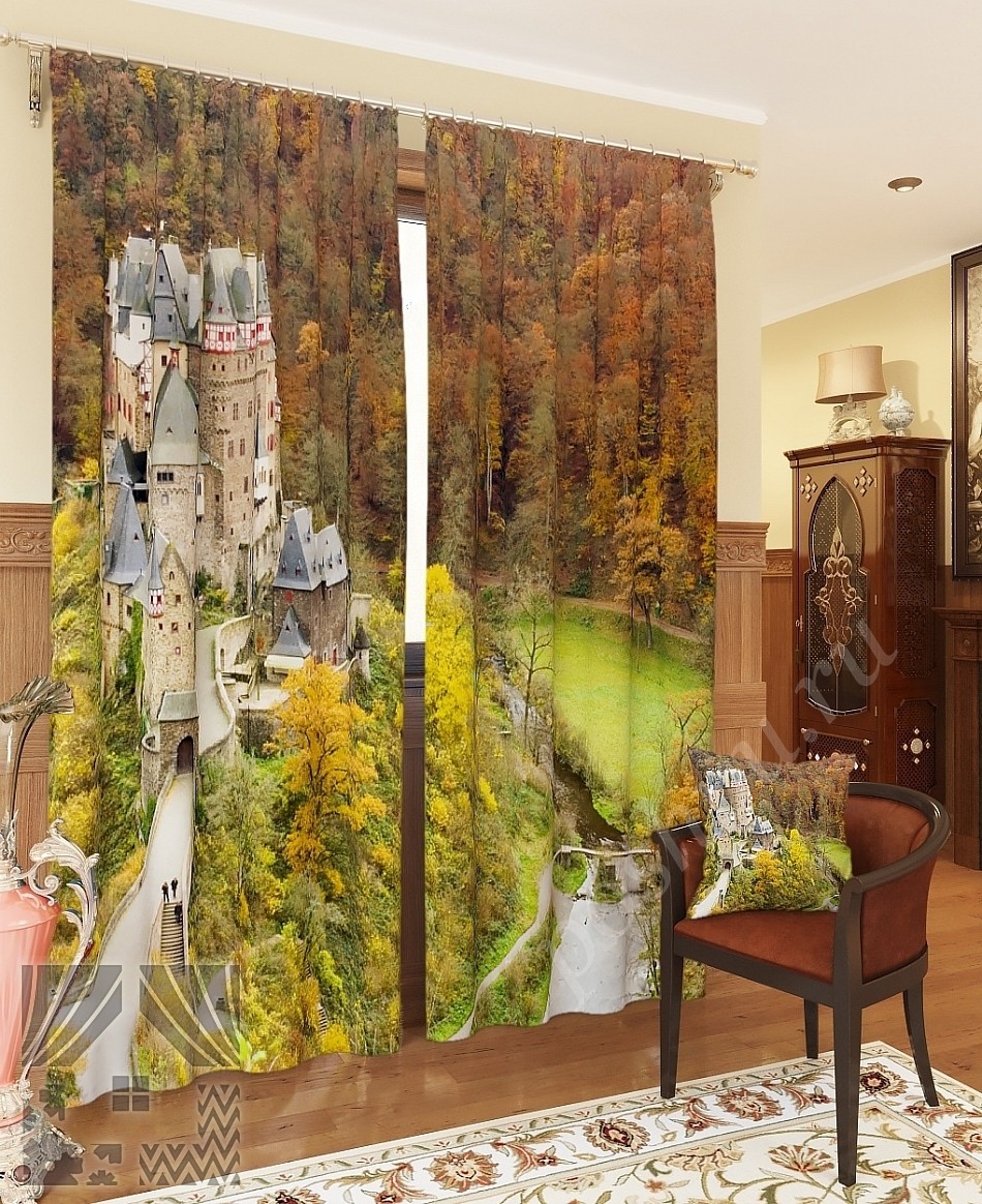 Комплект готовых фото штор с изображением замка в осеннюю погоду для гостиной или спальни