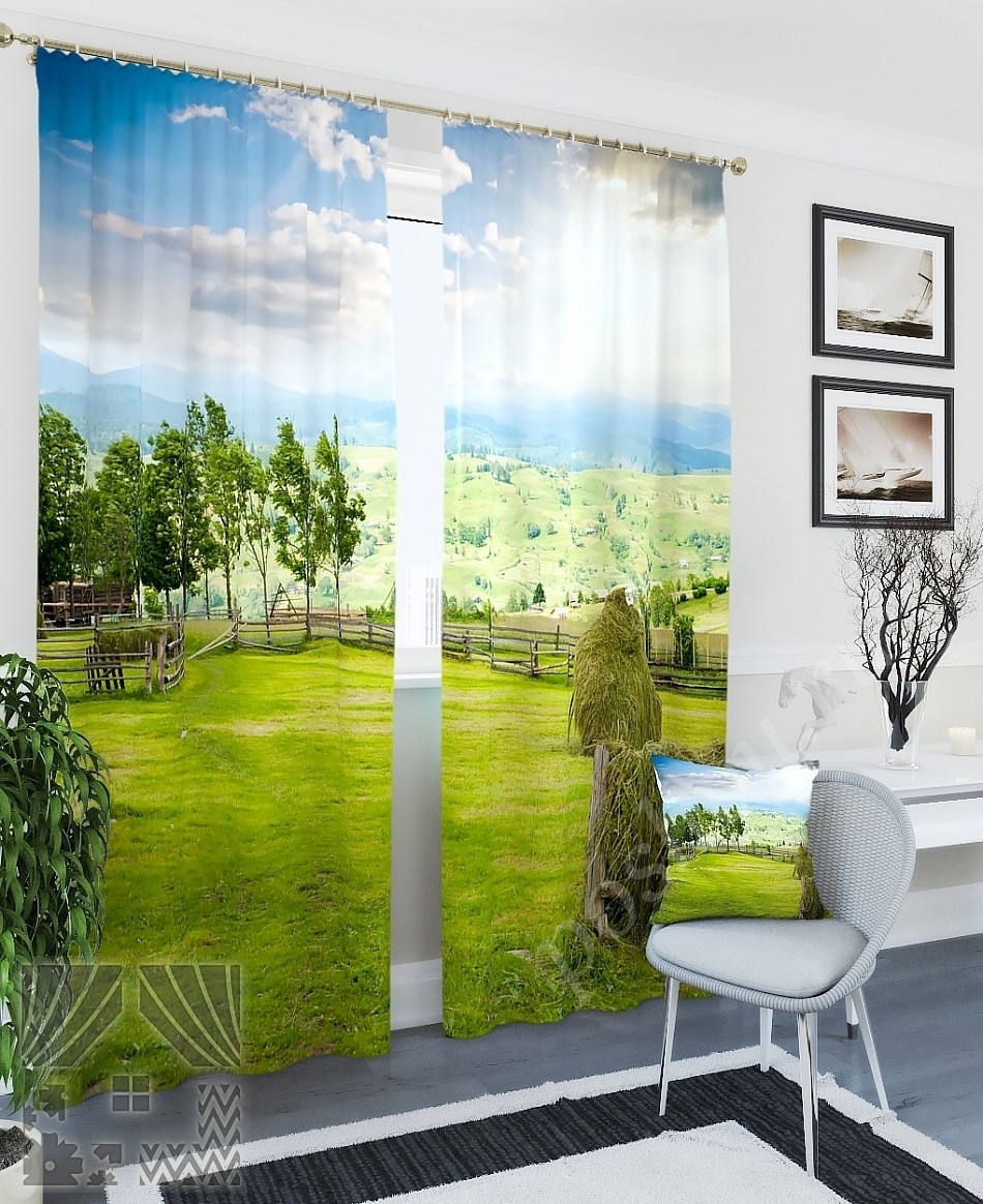 Комплект готовых фото штор с изображением зеленого луга для гостиной или спальни