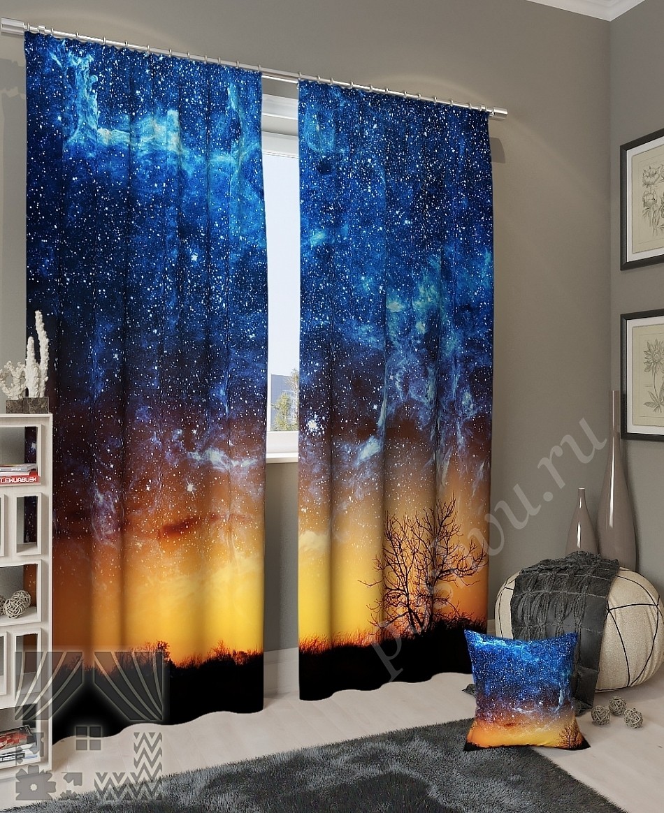 Комплект готовых фото штор с изображением звездного неба для гостиной или спальни