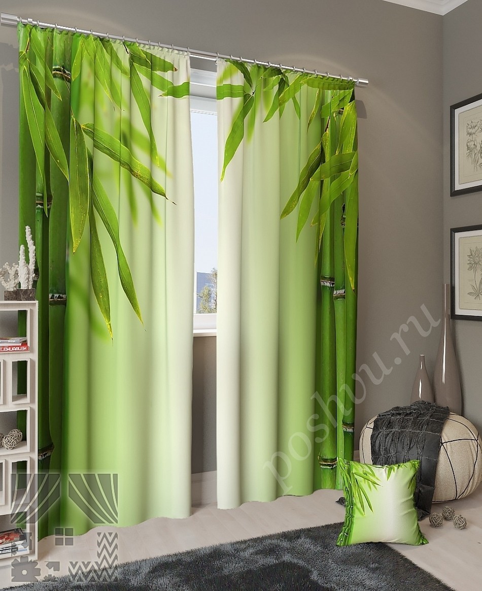 Комплект готовых фото штор с изображением зеленых стеблей бамбука для гостиной