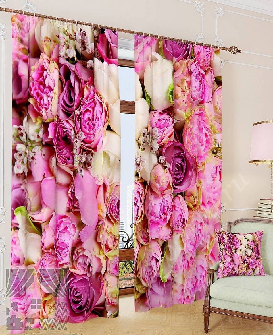 Нежный комплект готовых фото штор с изображением роз для гостиной или спальни