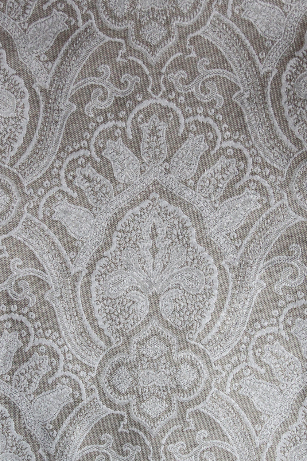 Портьерная ткань жаккард  TRIBAL белый растительный орнамент на сером фоне (раппорт 35х35см)