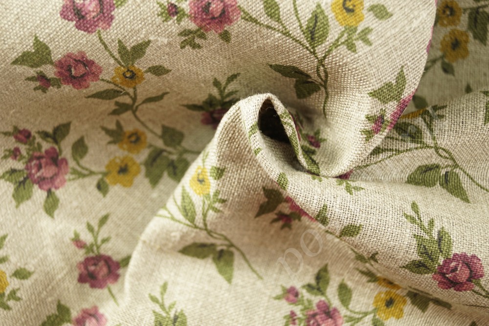 Ткань лен натуральный для скатертей с цветочным узором