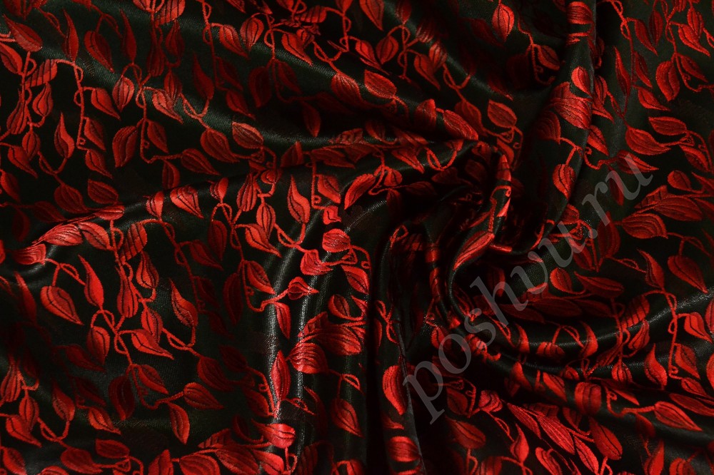 Ткань жаккард атласный черного оттенка с красными листьями