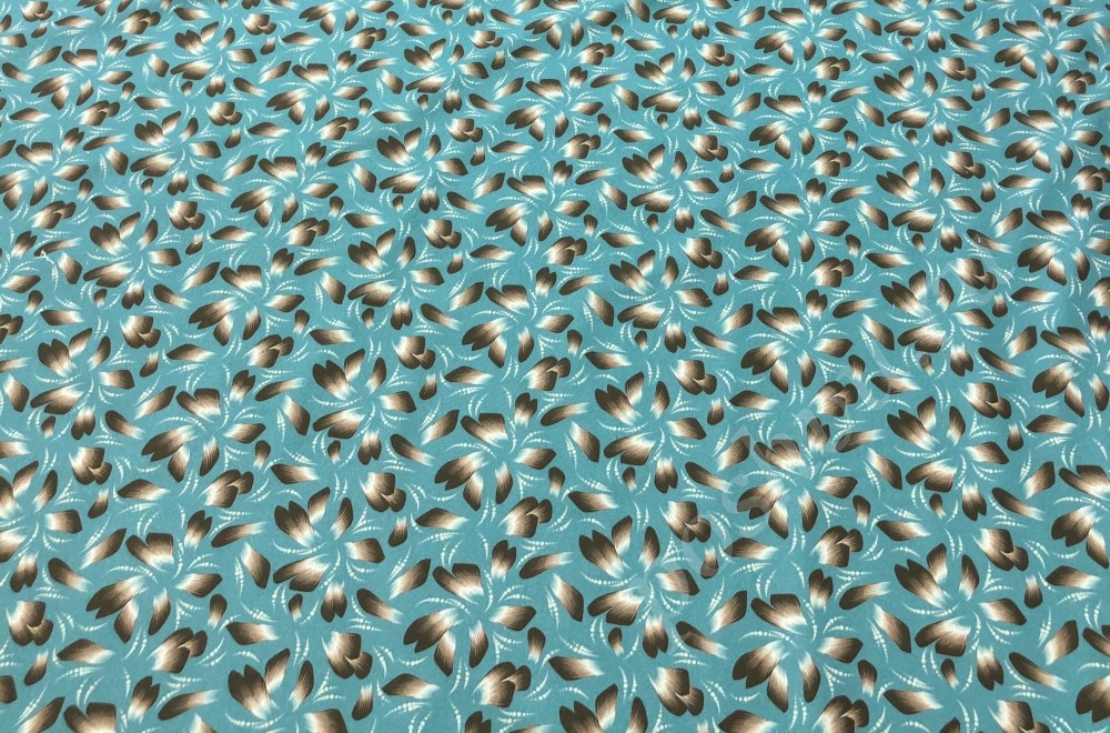 Ткань хлопок сатин стрейдж бирюзового оттенка с флористическим принтом