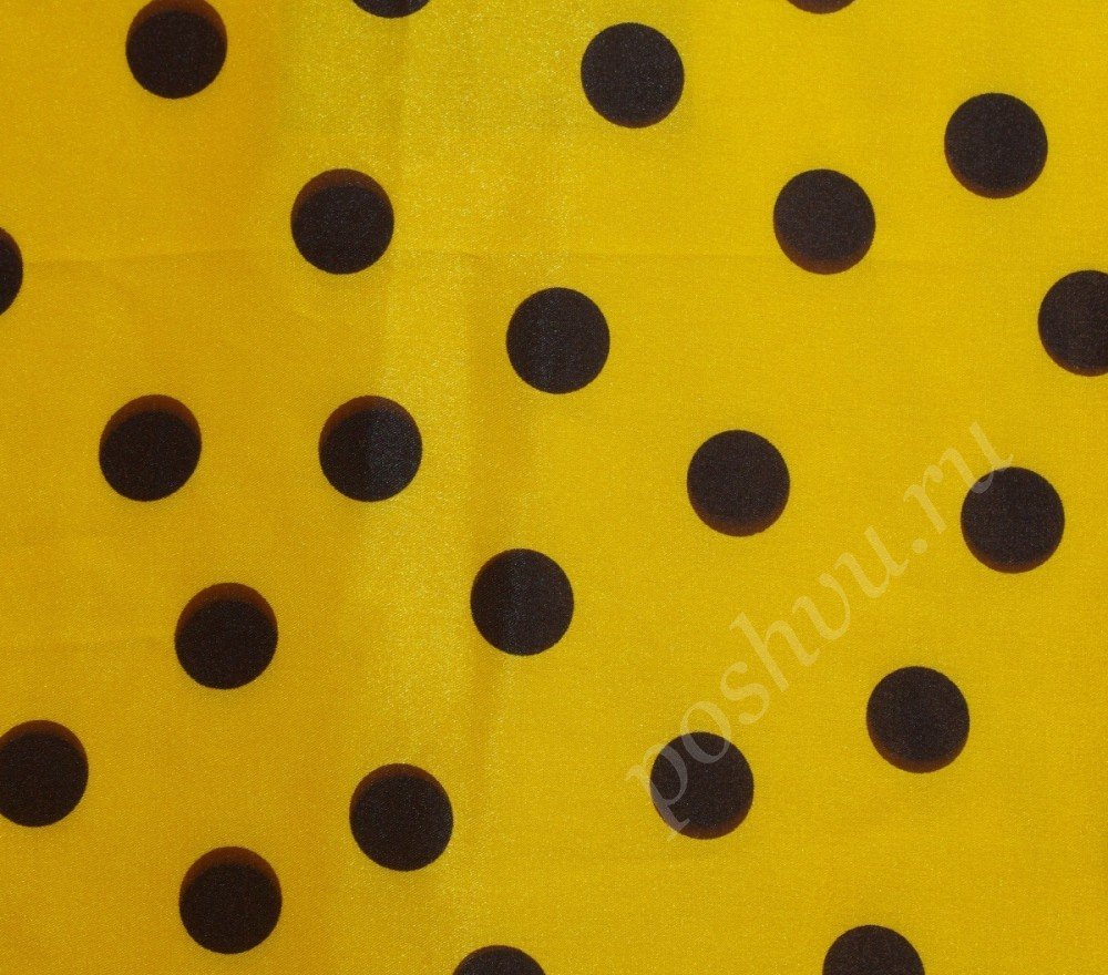 Ткань желтый набивной атлас в средний черный горошек
