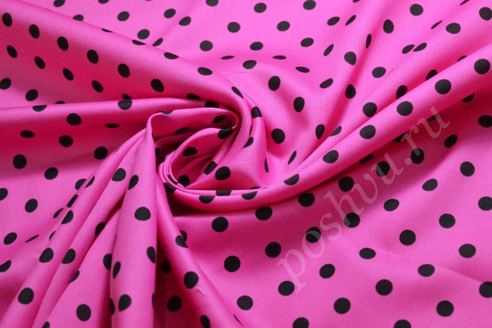 Ткань хлопковая сорочечная глубокого розового оттенка в черный горох