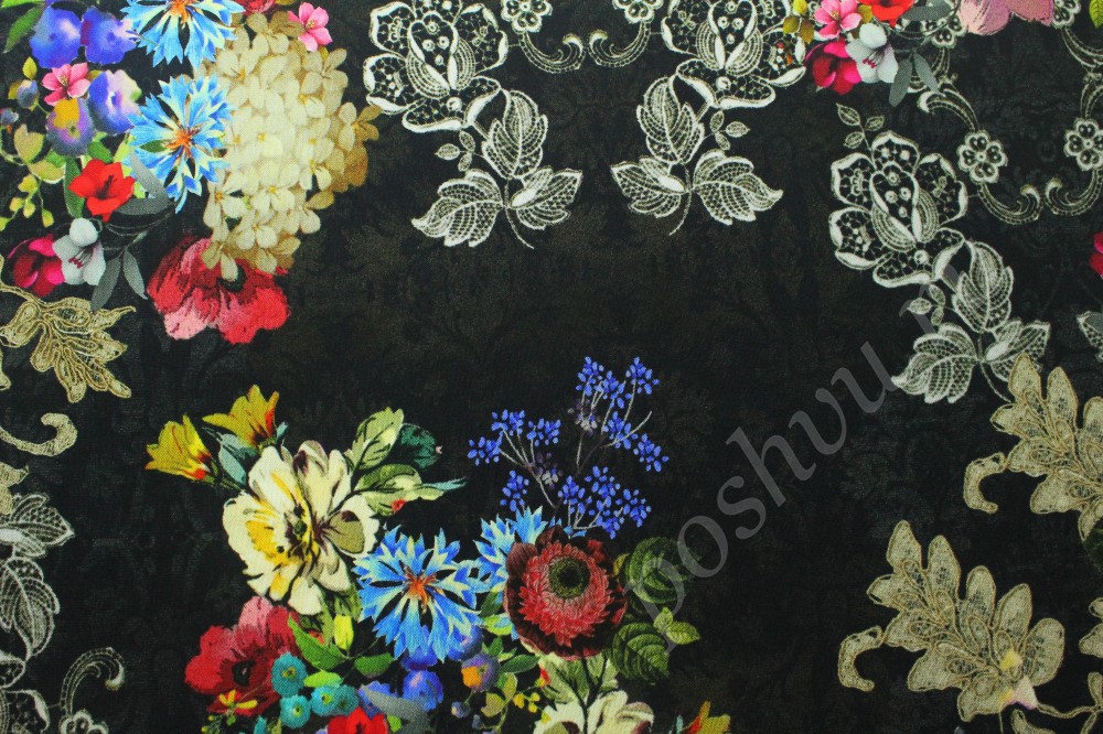 Ткань трикотаж-креп черного оттенка в разноцветные цветы